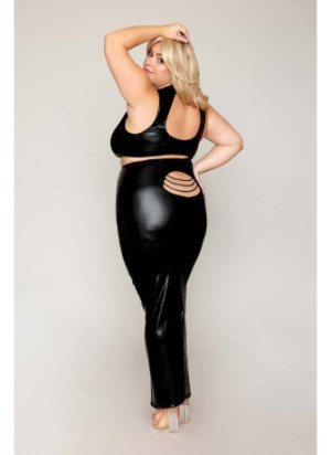 Ensemble Soutien-gorge et jupe longue, grande taille, noir en simili cuir - DG13198XBLK